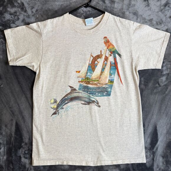 Vintage Nature Caribbean Soul Grey Short Sleeve T Shirt Double Sided Surf Island - Picture 1 of 7